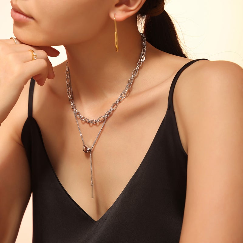 Niche Design Sense Light Luxury Ins Trendy Acacia Bean Pendant Stainless Steel Plated 18K Real Gold Square Brand Double Layer Necklace For Women - Image 4